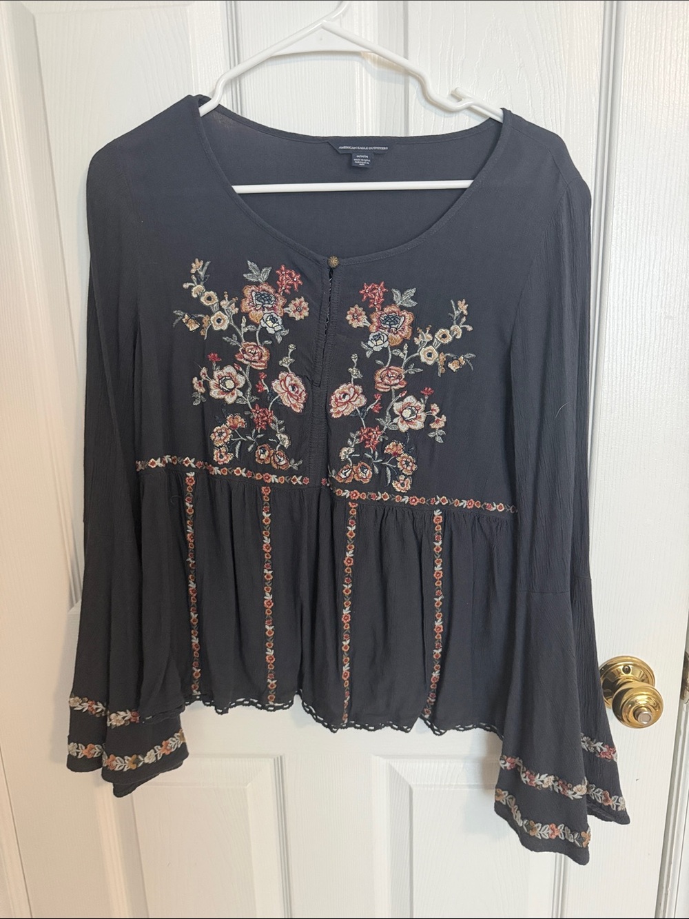 American Eagle Outfitters Black Embroidered Peasant Blouse